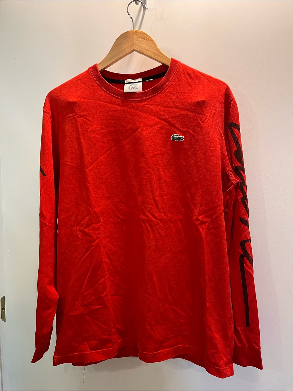 Lacoste Red Long Sleeve Crewneck with Script Sleeve Detail